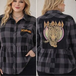Upcycled Def Leppard Graphic Tee On TORRID Size 1 Black & Gray Check Shirt OOAK